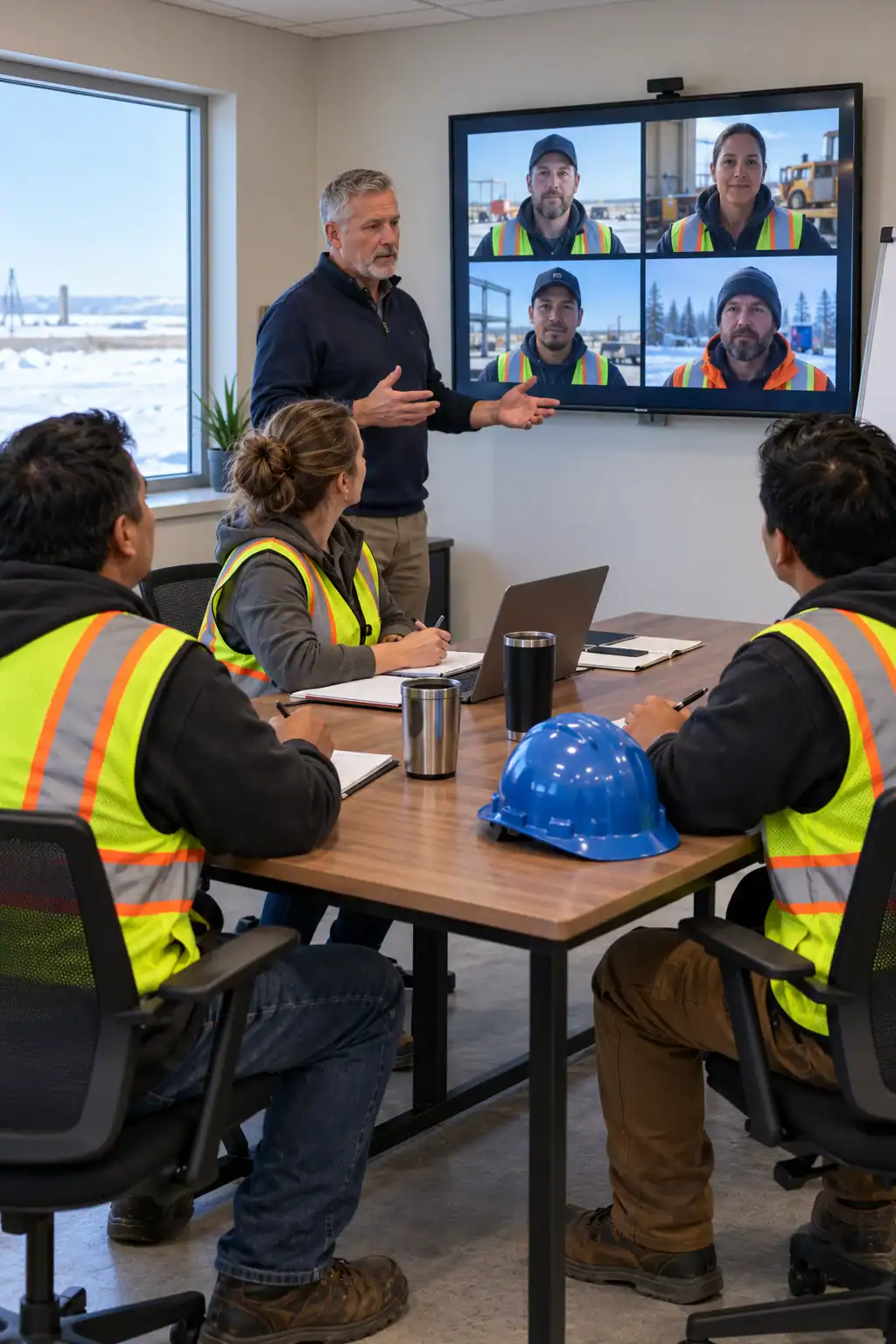 A safety instructor leading a safety management training session for supervisors in a training room, with remote workers joining by video call.
