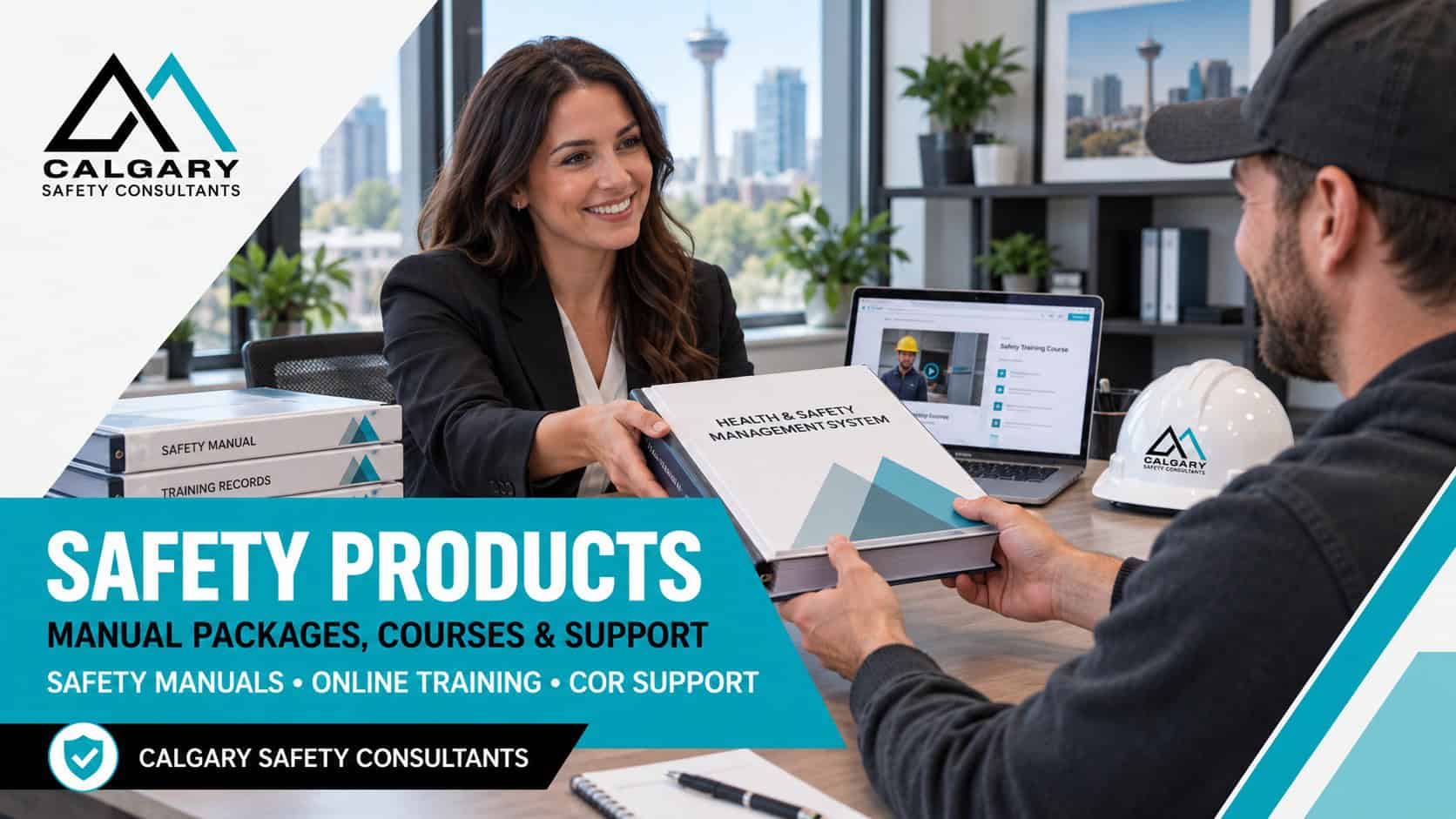 Safety products from Calgary Safety Consultants: a safety consultant handing a completed health and safety manual to a business owner, with an online safety course on the laptop