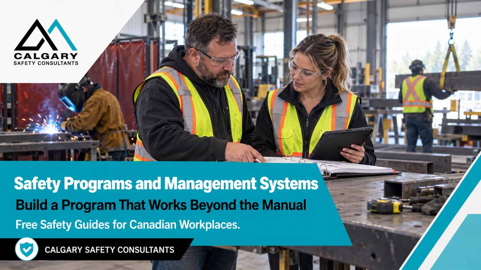 Safety programs guides from Calgary Safety Consultants: a business owner and a safety advisor reviewing a safety program binder and tablet on a fabrication shop floor