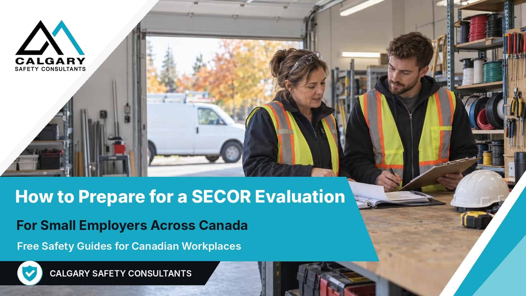 How to prepare for a SECOR evaluation, a guide from Calgary Safety Consultants: a small electrical contractor's owner and an electrician review safety records together in their shop