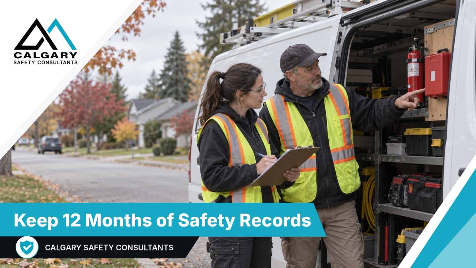 Keep 12 months of safety records: a small business owner and a worker complete a pre-use vehicle check with a clipboard beside their work van