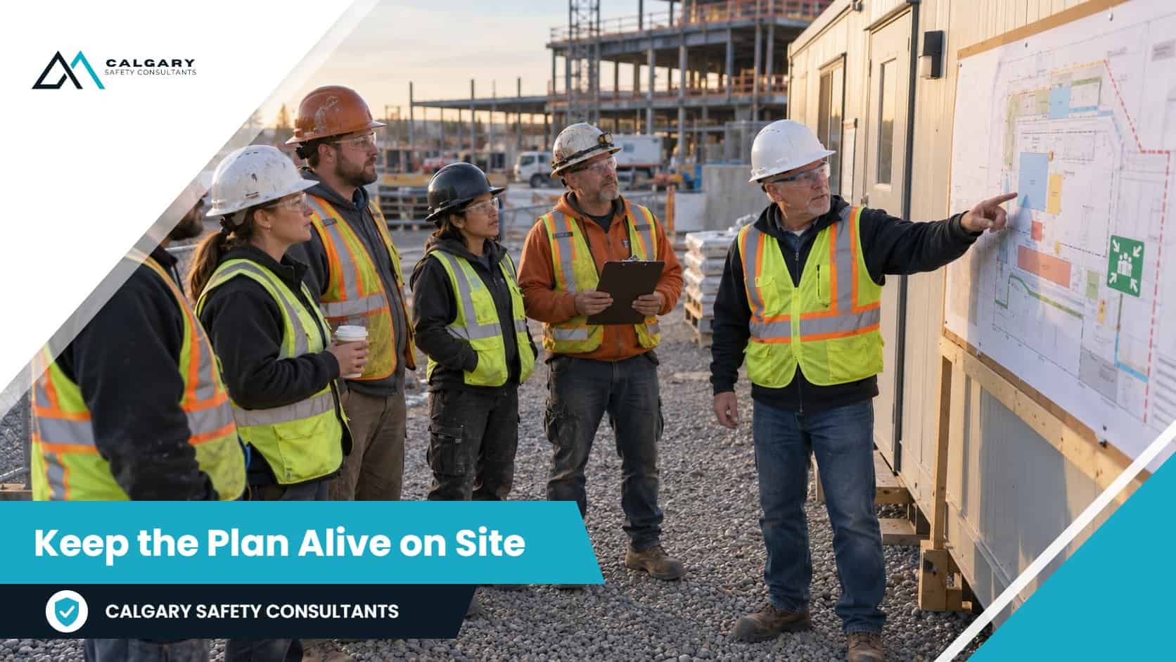 Keep the Plan Alive on Site: at a morning coordination meeting outside a construction site trailer, the superintendent points to the muster point on a printed site map posted on a board while workers from several trades listen