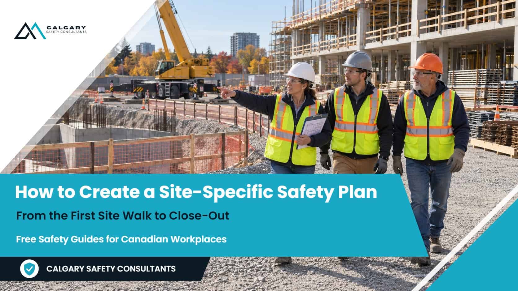 How to Create a Site-Specific Safety Plan, from the first site walk to close-out: on a commercial construction site, a site superintendent holding a clipboard with a site plan walks the site with a foreman and a subcontractor lead, pointing toward a fenced excavation and a mobile crane