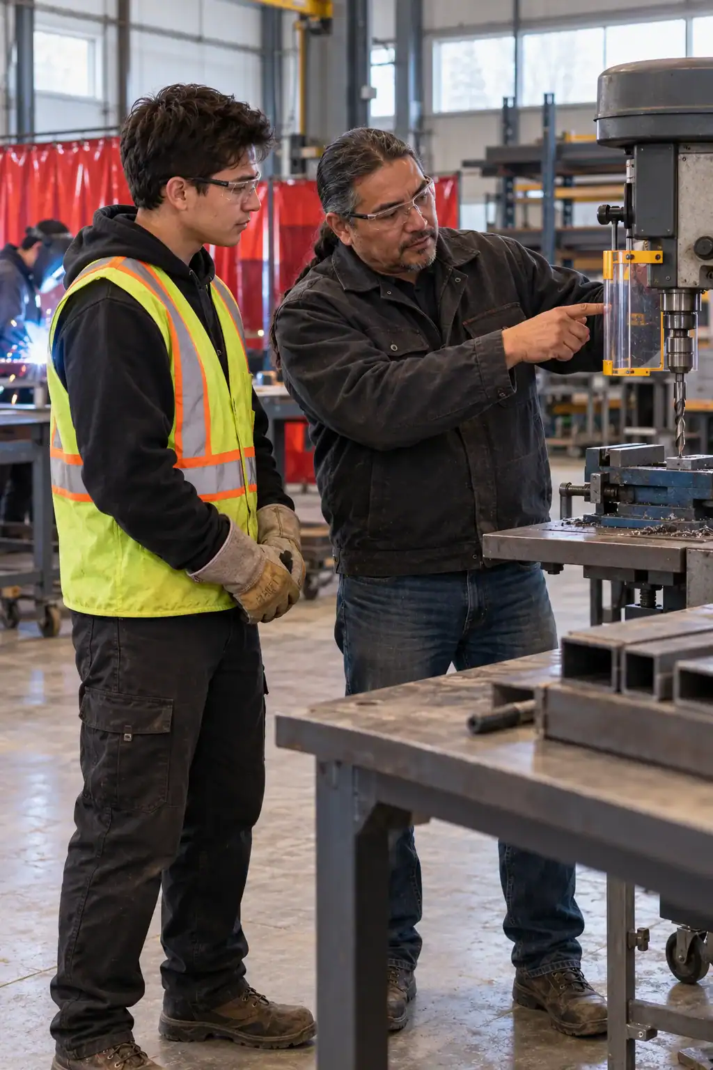 A metal fabrication shop owner pointing out the guard on a drill press to a young apprentice on the shop floor.