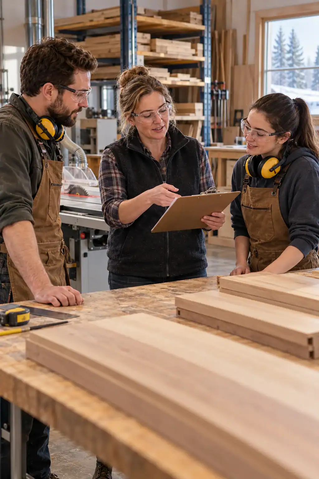 A small woodworking shop owner going over a one-page safety checklist with two workers at a workbench.