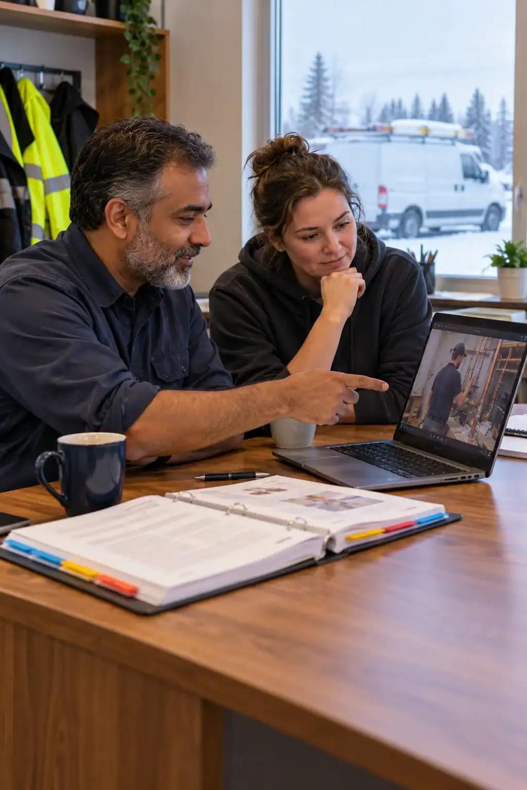 A plumbing and heating company owner and his crew supervisor watching an online safety lesson on a laptop beside an open course binder.