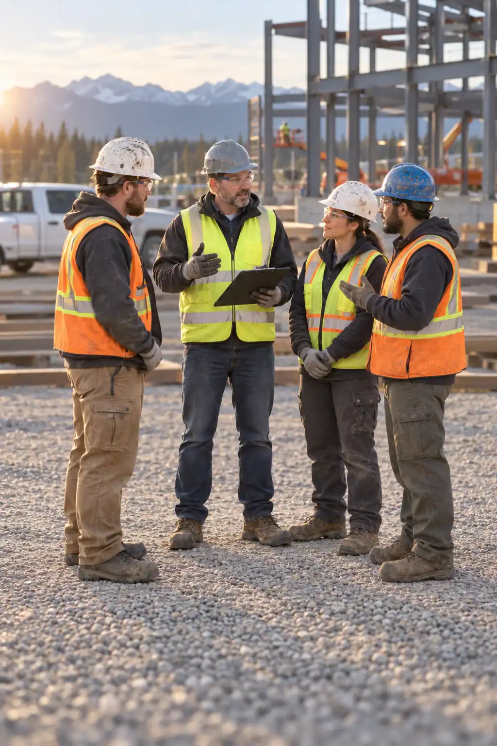 A site supervisor leading a pre-job toolbox safety talk with three crew members on a Western Canadian construction site.