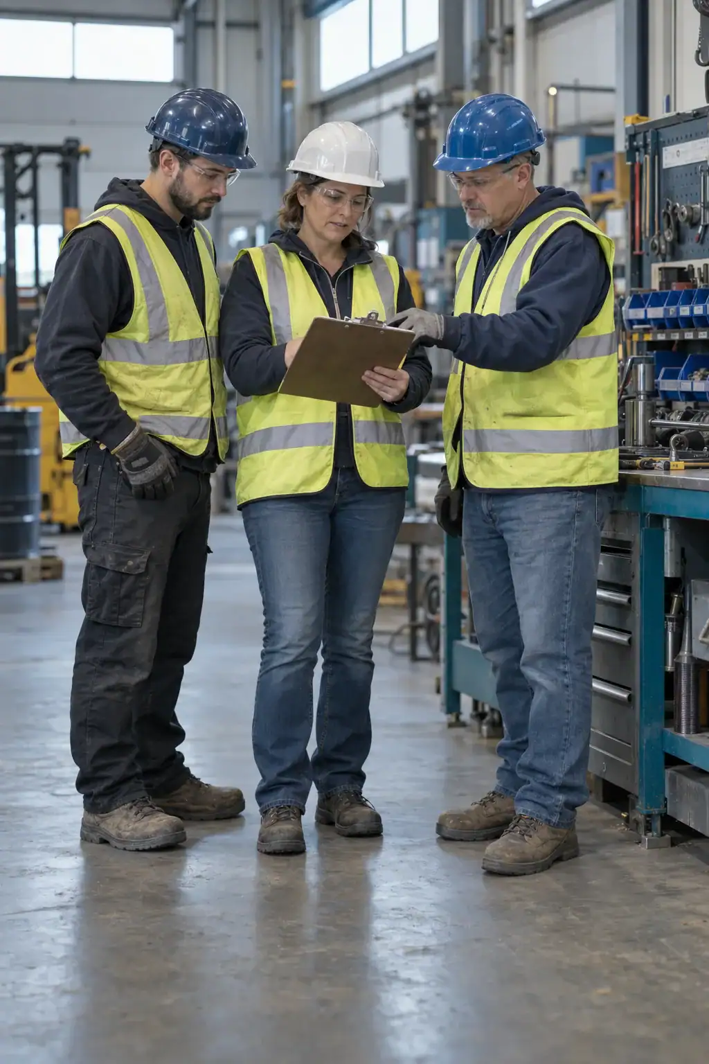 A site supervisor reviewing a field-level hazard assessment with two workers on a light industrial shop floor.