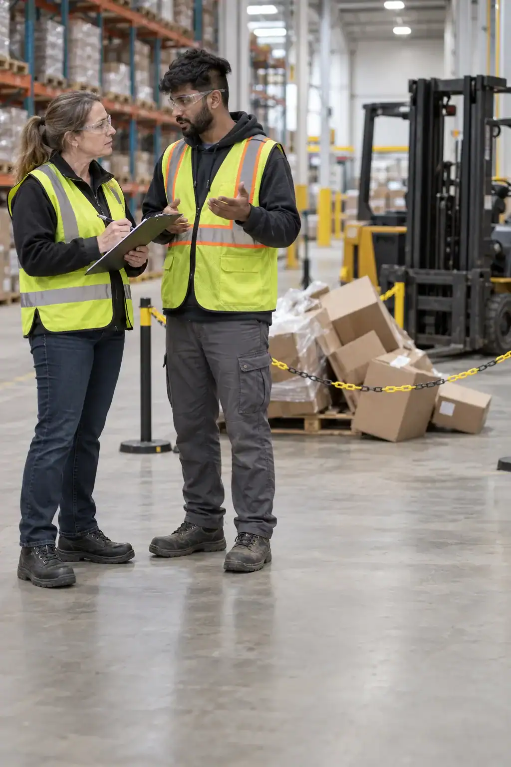A warehouse supervisor taking notes as she interviews a worker after a near miss, with the area cordoned off behind them.
