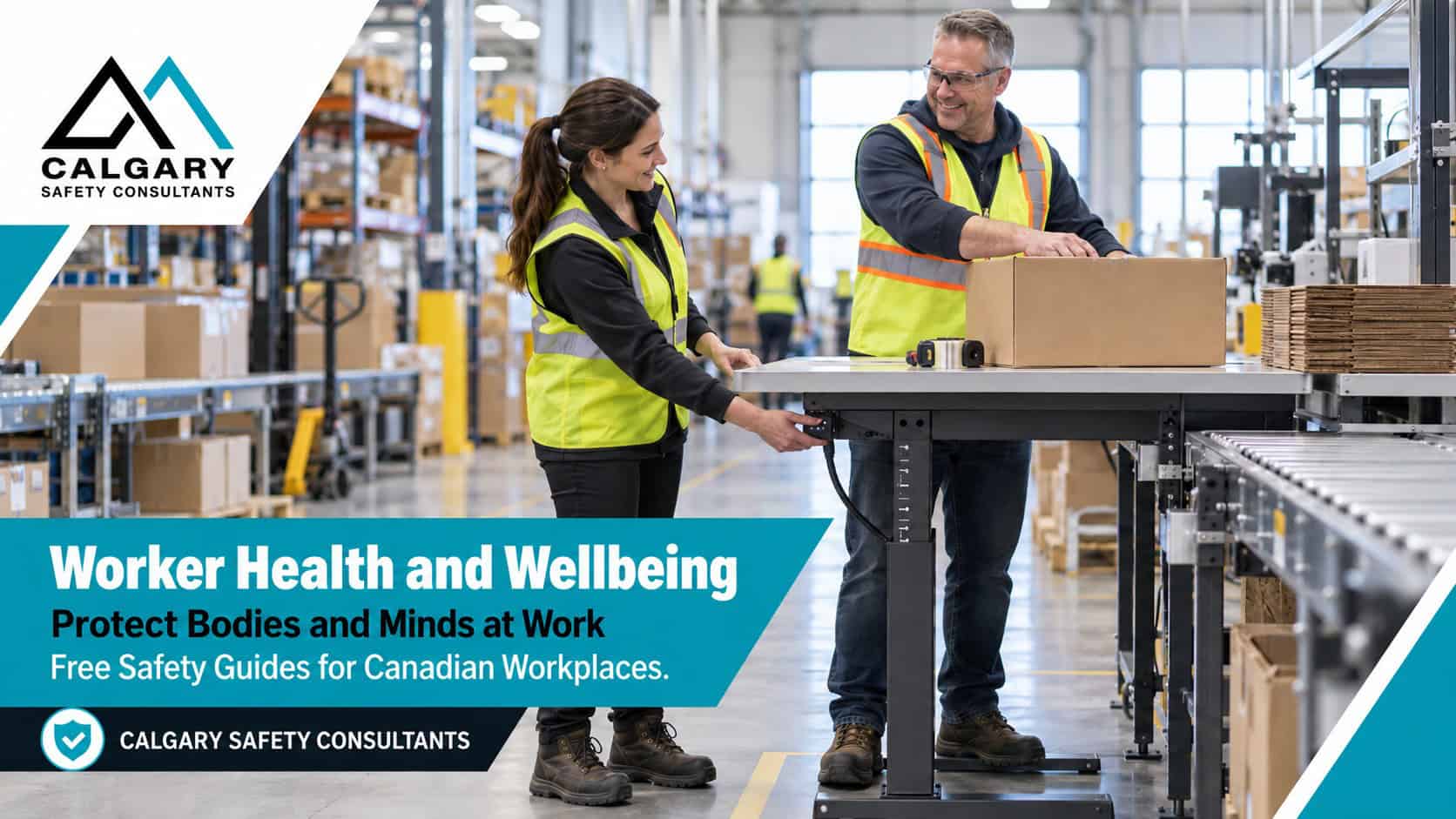 Worker health and wellbeing guides from Calgary Safety Consultants: a health and safety advisor adjusting a packing table to a warehouse worker’s elbow height
