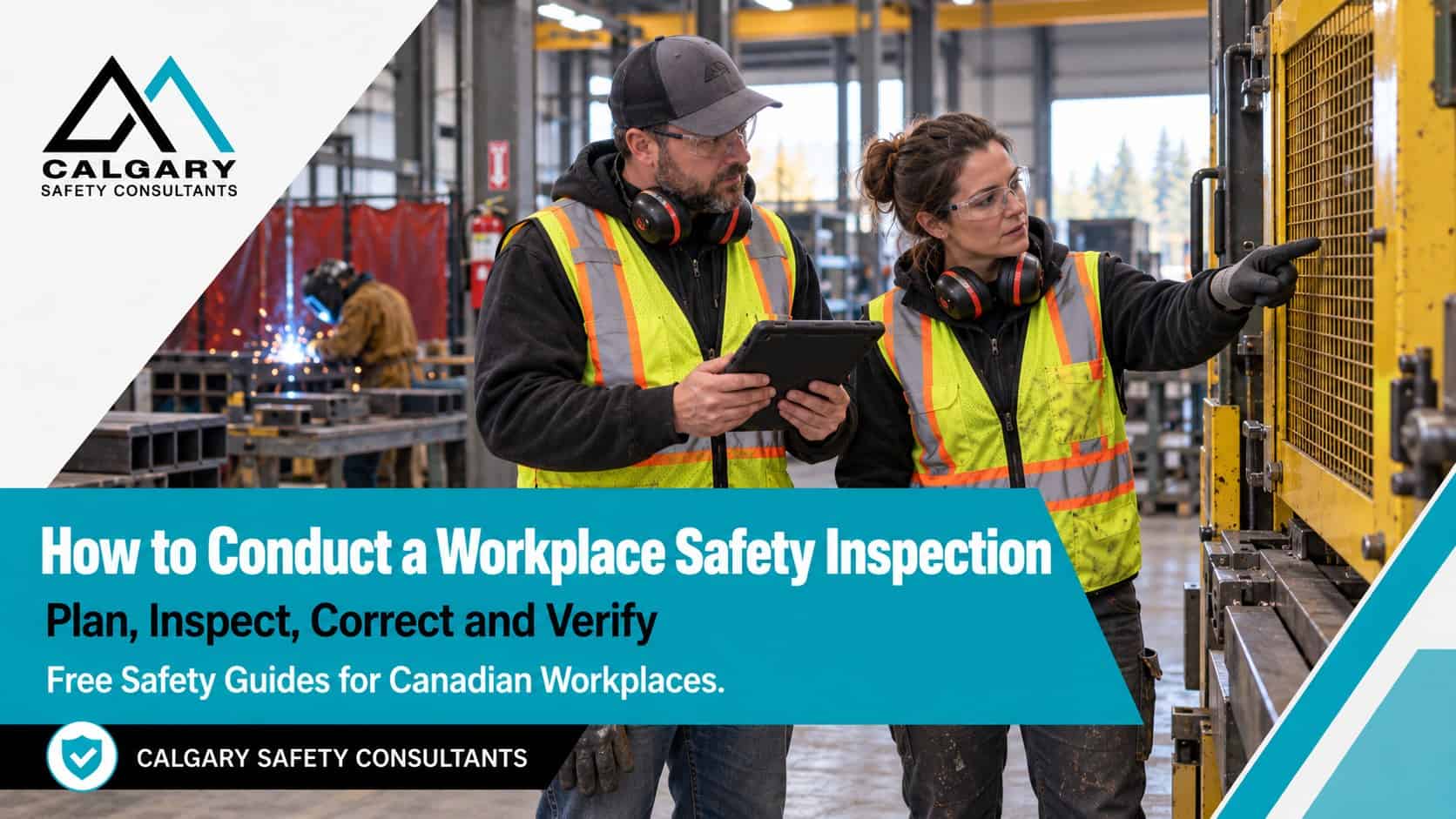 Workplace safety inspection guide from Calgary Safety Consultants: a supervisor and a machine operator inspect a machine guard with a checklist tablet in a fabrication shop