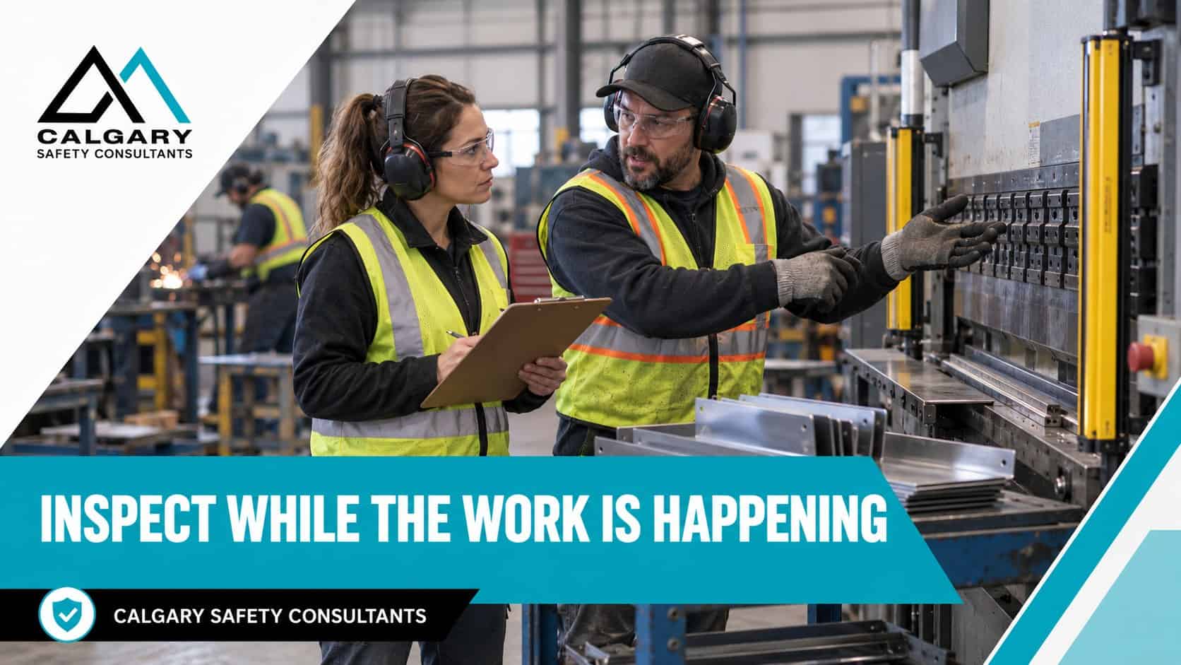 A supervisor talks with a machine operator about a guarding concern during a planned workplace safety inspection